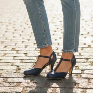 OLINA T-STRAP PUMP HEELS IN NAVY BLUE VEGAN LEATHER- Size 11 (NEW IN BOX)